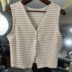Oyoangle Tan and White Stripe Knit V Neck Button Down Women’s Cropped Vest
